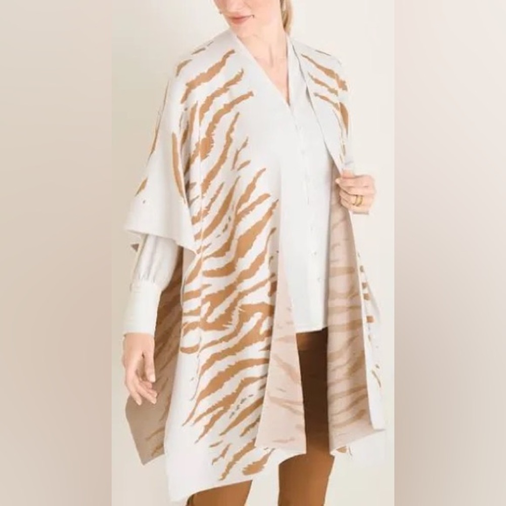 Chico's tiger print Ruana wrap sweater‎ cape womens size small/medium white tan